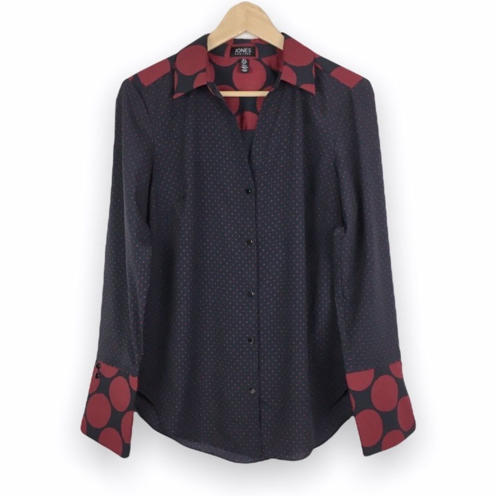 Jones New York Y2K Vintage Navy‎ Blue Red Polka Dot Long Sleeve Blouse Shirt